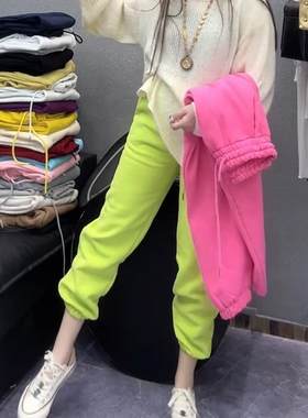 萤光绿运动裤女宽松显瘦卫裤