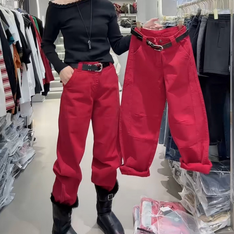 红色高腰加厚保暖弯刀裤女2025早春新款净版洋气减龄阔腿牛仔裤女,女装/女士精品,休闲裤,淘宝优惠券,粉丝福利购,淘宝优惠卷