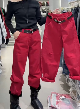 红色高腰加厚保暖弯刀裤女2025早春新款净版洋气减龄阔腿牛仔裤女