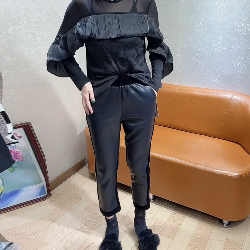 欧洲站松紧高腰丝绒拼接PU皮烟管裤女弹力显瘦百搭九分休闲直筒裤
