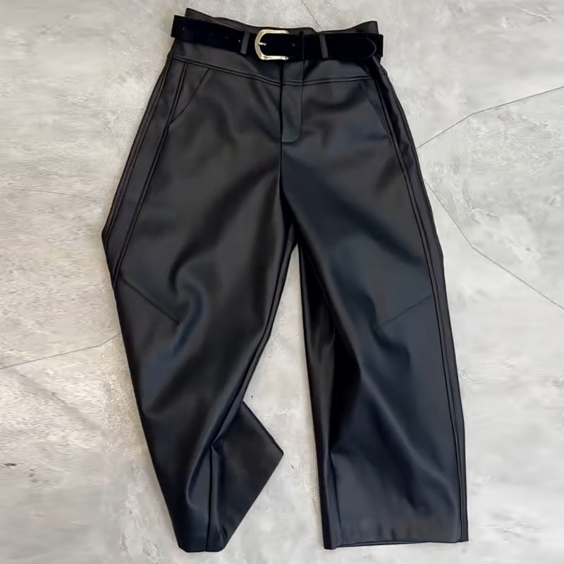 欧货时尚pu皮裤2025早春休闲高腰纯色弯刀裤宽松百搭九分阔腿裤,女装/女士精品,休闲裤,淘宝优惠券,粉丝福利购,淘宝优惠卷