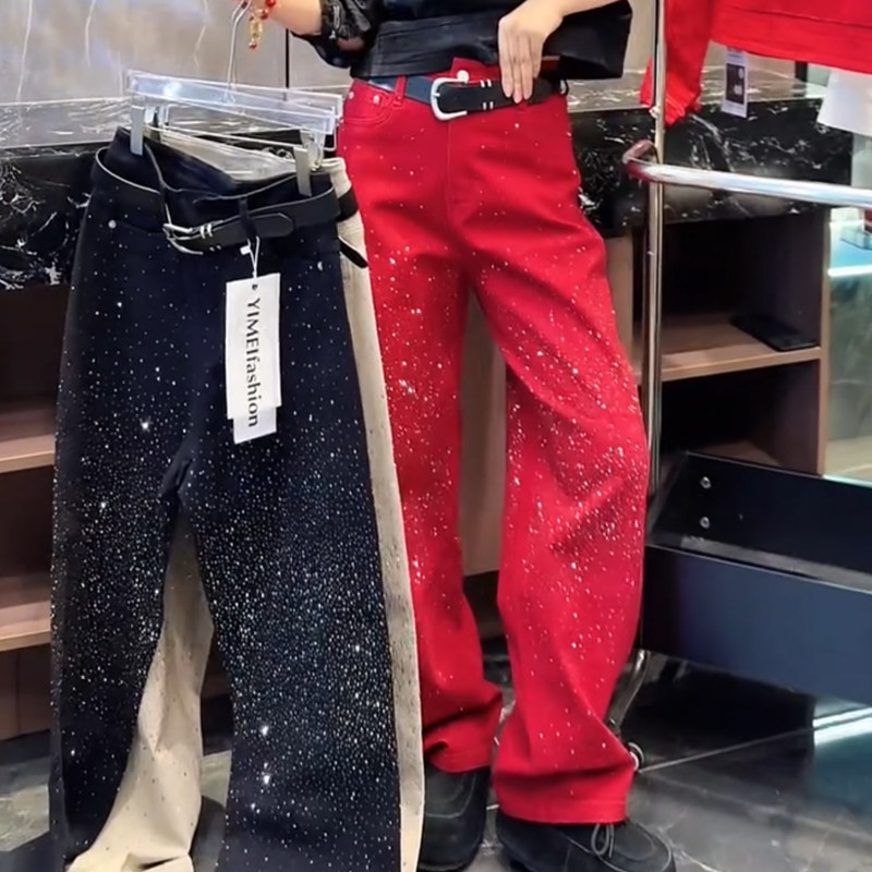 欧货美式复古2026春秋爆款牛仔裤镶钻满天星高腰加厚窄版直筒长裤