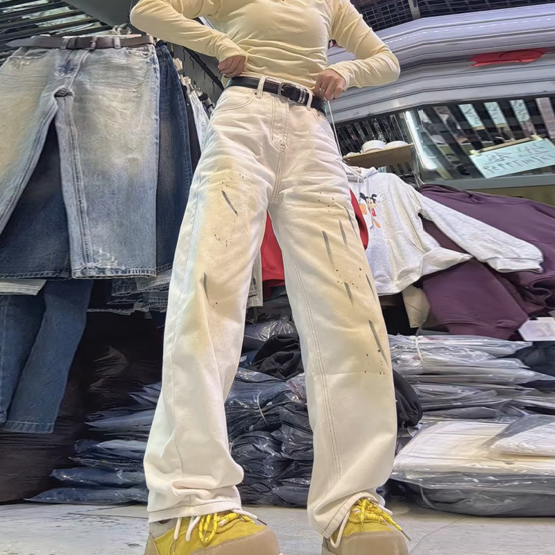 白色欧货设计感涂鸦脏脏裤早春弹力简约显瘦高腰牛仔直筒弯刀裤,女装/女士精品,休闲裤,淘宝优惠券,粉丝福利购,淘宝优惠卷