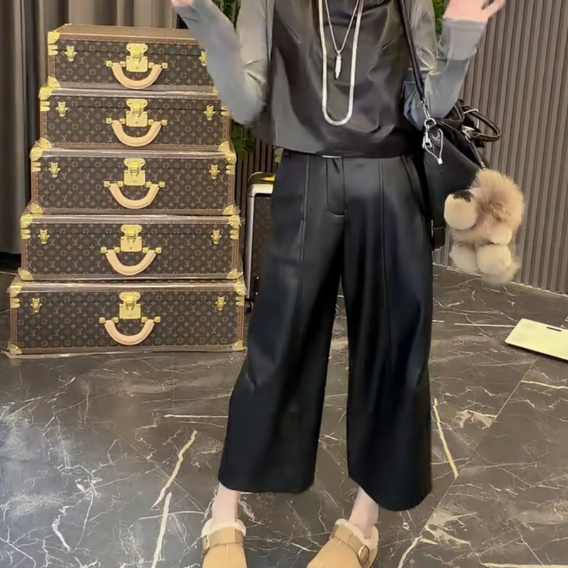 欧货秋冬网红爆款高腰显瘦涂层PU皮裤净版显瘦宽松百搭九分阔腿裤