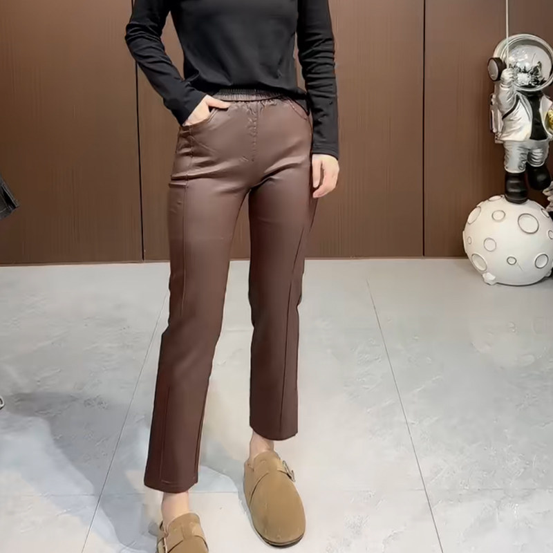 涂层PU加绒欧货休闲皮裤2025秋冬弹力高腰净版显瘦九分百搭直筒裤