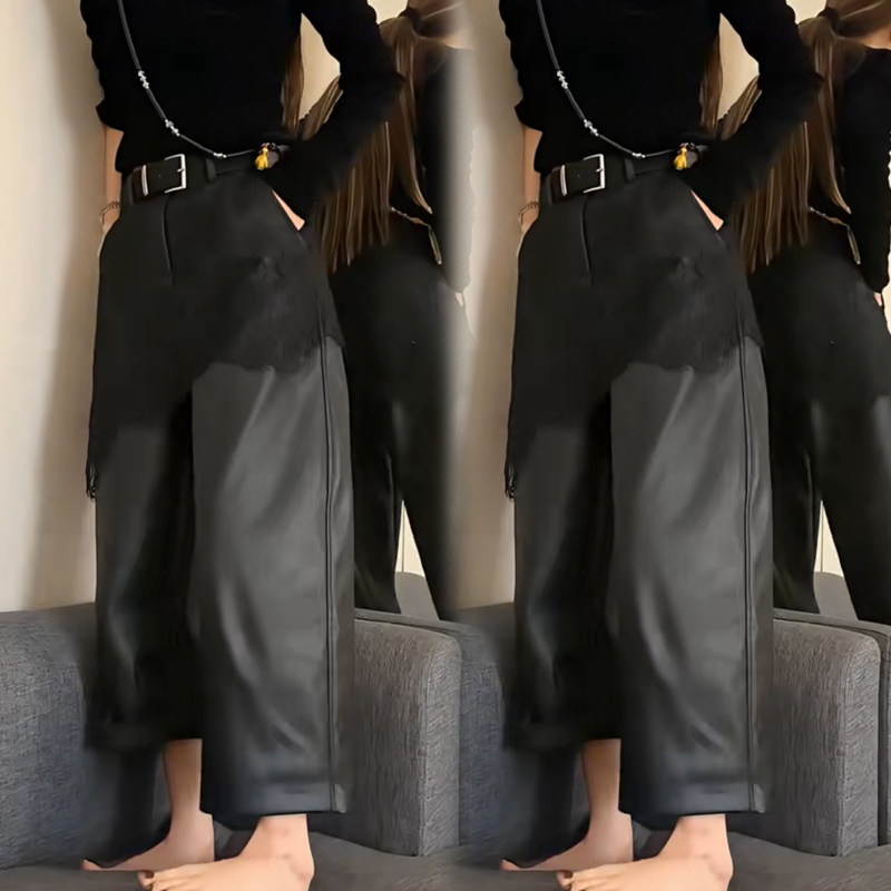 纯色涂层PU休闲皮裤2026春季高腰蕾丝拼接假两件裙裤阔腿九分裤,女装/女士精品,休闲裤,淘宝优惠券,粉丝福利购,淘宝优惠卷