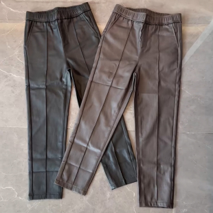 秋冬欧洲站2025PU涂层休闲加绒皮裤高腰显瘦修身九分净版铅笔裤