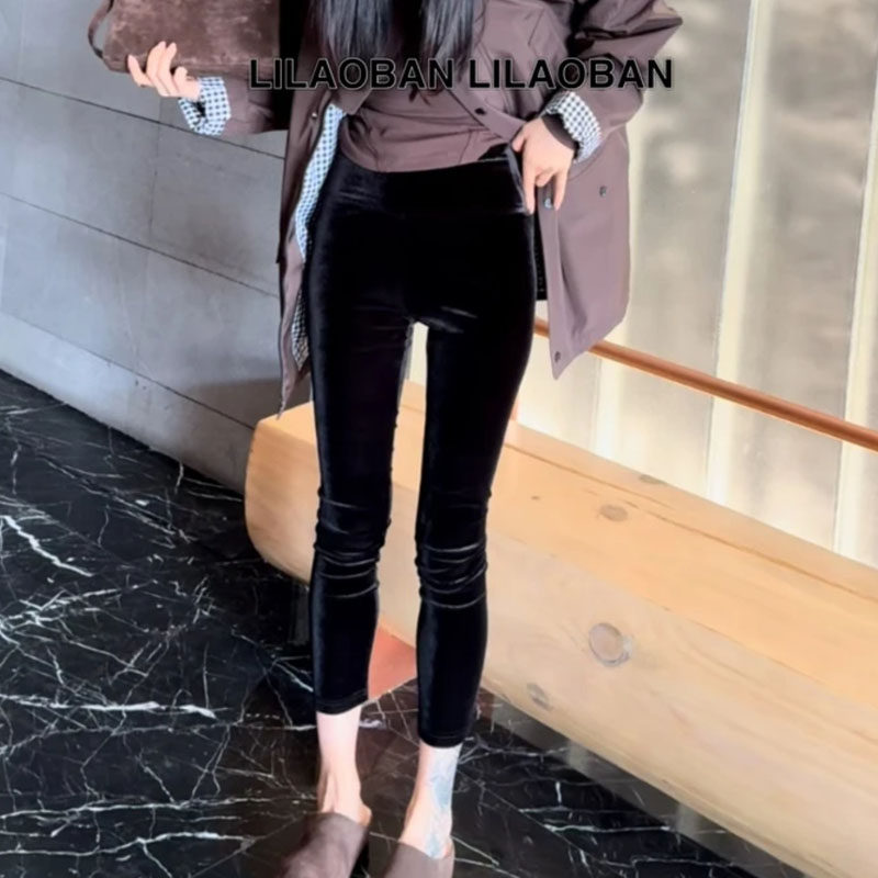 2025春秋新款金丝绒打底裤女松紧高腰弹力显瘦小脚修身九分铅笔裤