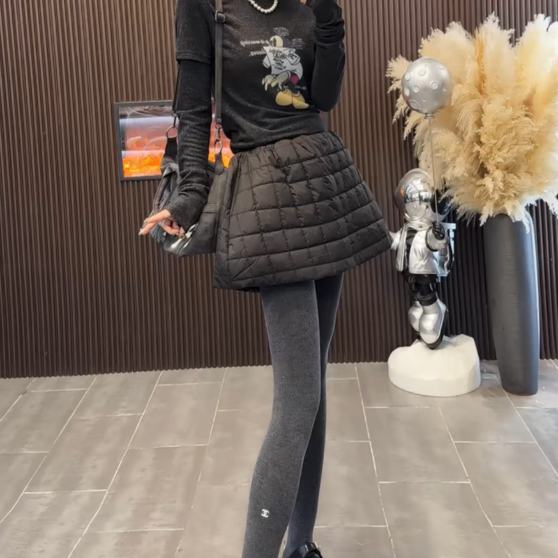 韩系简约时尚休闲2025秋冬夹棉菱格半身裙高腰A字蓬蓬裙减龄短裙