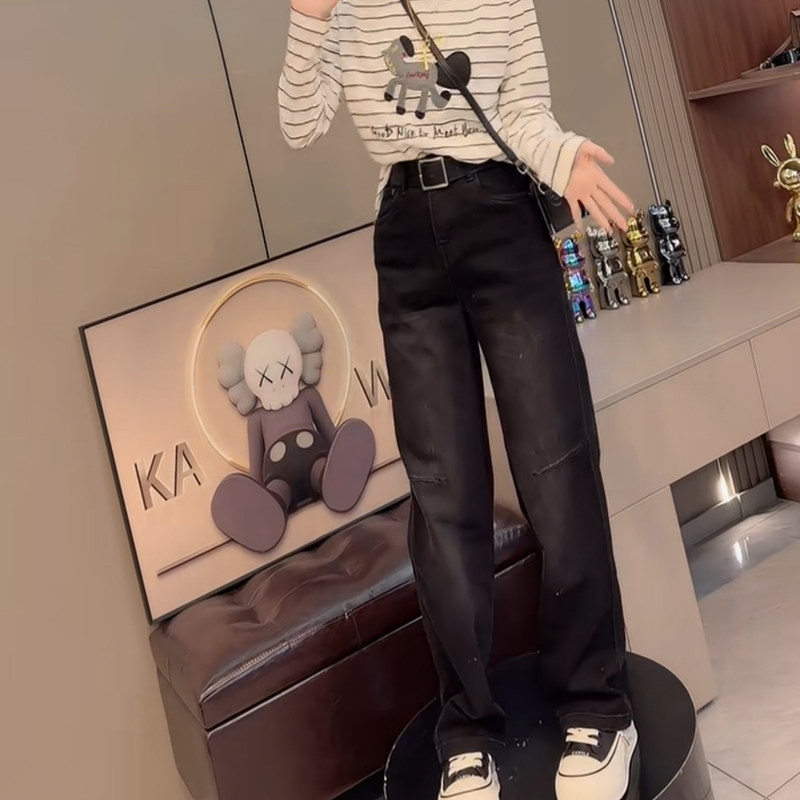 欧货美式高街黑色牛仔裤2026春新款做旧净版简约弹力显瘦直筒长裤