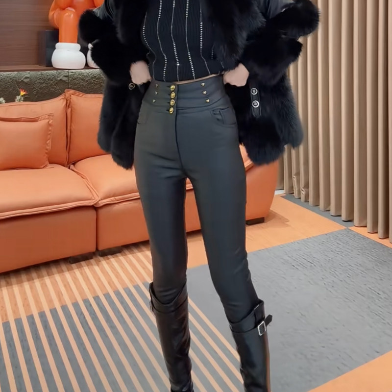 秋冬高腰纽扣涂层PU休闲直筒皮裤弹力修身显瘦百搭九分净版铅笔裤