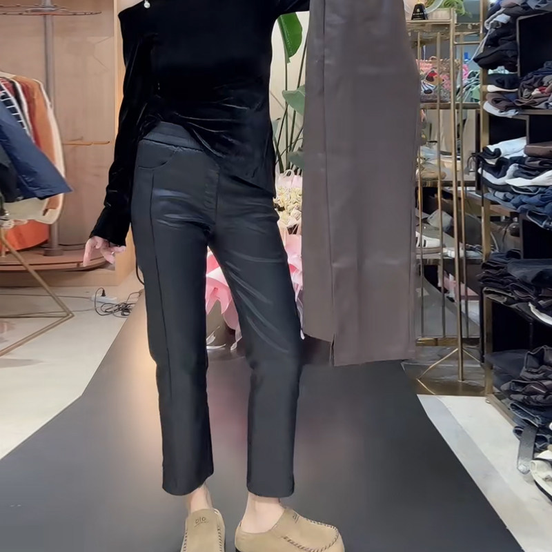 秋冬加绒欧货烟管裤涂层PU皮裤弹力高腰净版纯色开叉九分直筒裤