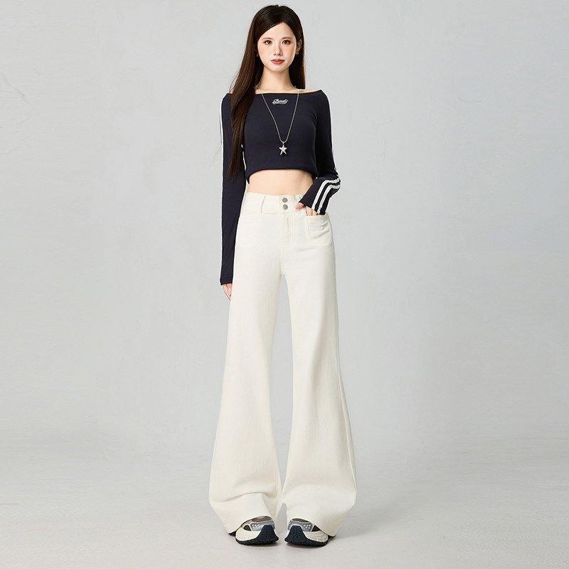 YJTF语菲米白色微喇牛仔裤女2026春季新款高腰显瘦弹力拖地马蹄裤