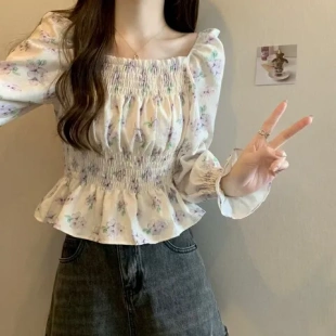 新款女方领法式上衣雪纺衫显瘦小衫超仙2025年浮春装碎花泡泡袖