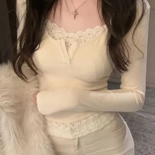 修身T恤蕾丝边秋季假两件辣妹显瘦风ins纯时尚性感长袖小众欲上衣