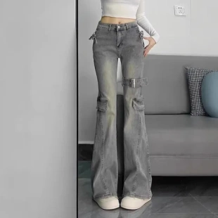 2025女裤子微喇裤腿微喇贴直筒牛仔裤秋新款女款高腰马蹄显瘦女不