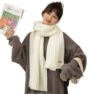 复古绿色仿羊绒2026新款条纹针织围巾女冬季高级感百搭保暖围脖厚