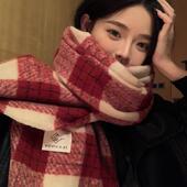 韩系氛围感2025新款 红色圣诞格子围巾女冬季 百搭围脖保暖学生披肩