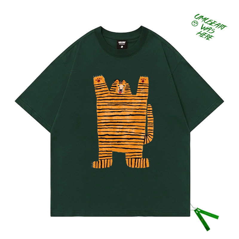美式复古老虎艺术生风格插画校园短袖T 恤百搭宽松大码青春vibe
