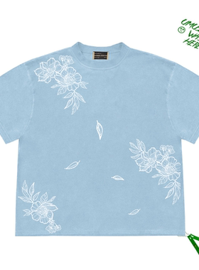 古风Short Sleeve Tee手绘线条画插画花卉图案小众高级感短袖上衣