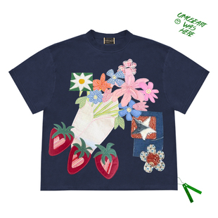 T恤 短袖 纯手工缝制贴布款 草莓花束深色小白系列温柔宽松情侣款