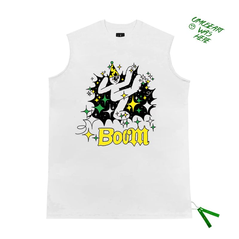 新款无袖背心创意趣味Boom卡通图案tank top休闲宽松运动款砍袖