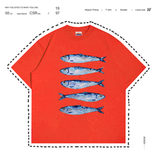 复古橙色创意设计感宽松vintage学院风短袖 T恤oversize情侣款