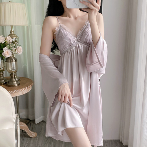 睡衣女款冰丝蕾丝吊带睡裙带胸垫
