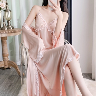 睡衣女款2026新款冰丝夏季高级感蕾丝吊带睡裙法式睡袍家居服套装