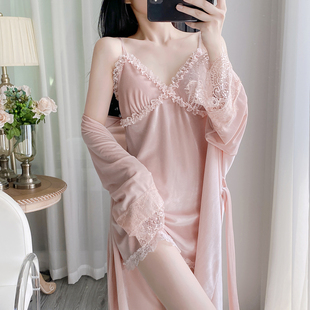 性感睡衣女秋冬新款吊带睡裙蕾丝高级感金丝绒带胸垫大码家居服