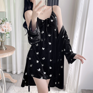性感睡衣女款春秋冬金丝绒2024新款吊带睡裙带胸垫睡袍家居服套装