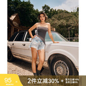 热裤 高腰不规则毛边美式 修身 AlphaGym微V腰破洞牛仔短裤