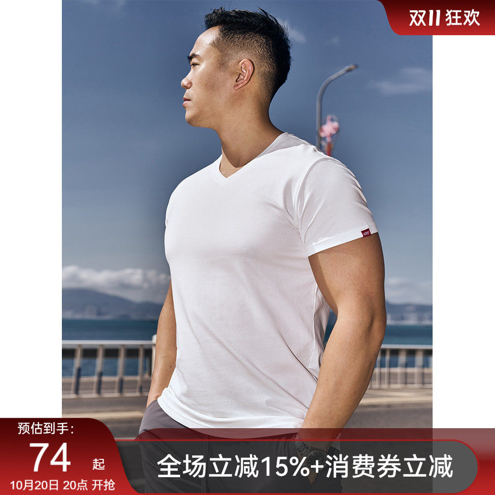 AlphaGym V领短袖跑步吸湿修身运动棉t恤男短袖训练健身衣服