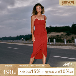 alphagym老友记带胸垫吊带连衣裙修身红色中长款瑞秋裙包臀裙子