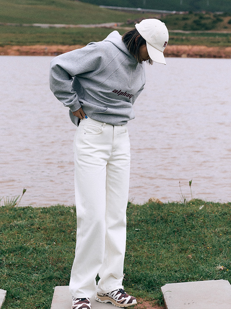 ALPHAGYM 가을 여성용 대나무 섬유 하이 웨이스트 와이드 레그 화이트 진 슬림하고 바닥 길이의 캐주얼 스트레이트 팬츠