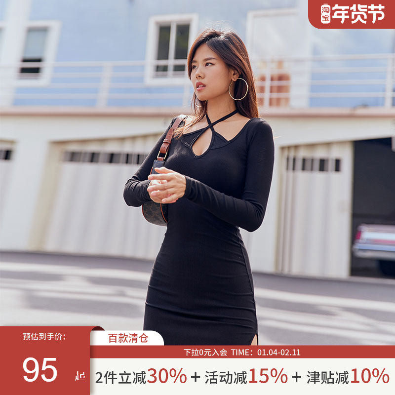 AlphaGym带胸垫镂空挂脖开叉连衣裙 螺纹高弹长裙修身显瘦辣妹裙,运动服/休闲服装,运动连衣裙,淘宝优惠券,粉丝福利购,淘宝优惠卷