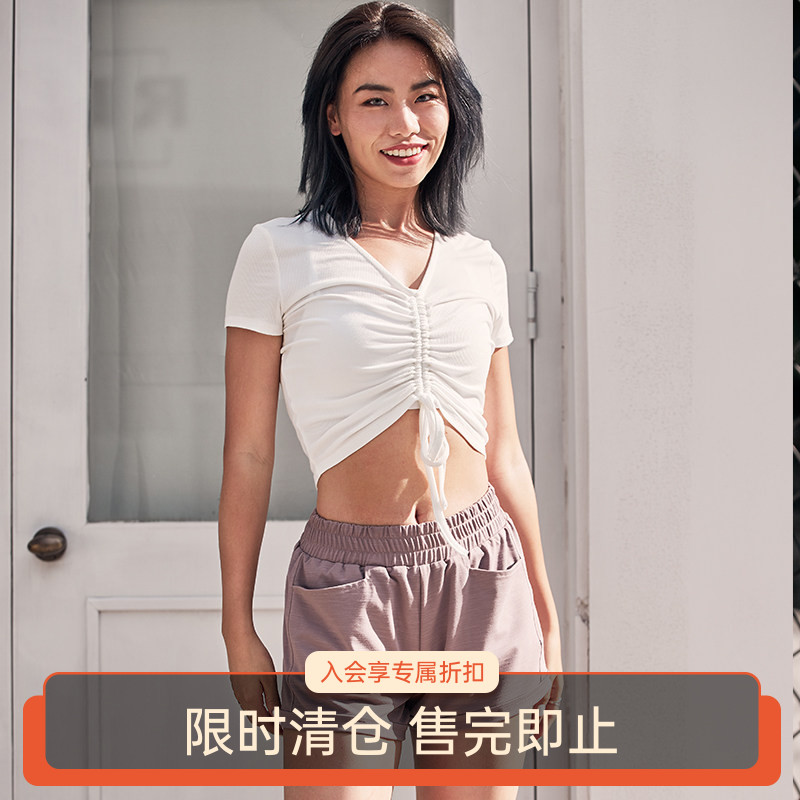 【限时特价】抽褶罗纹短袖女子ins网红胸口抽绳运动瑜伽舒适T恤