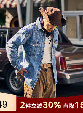AlphaGym牛仔衬衫男美式复古蓝色休闲长袖夹克户外水洗工装外套