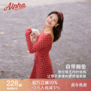 复古红色带胸垫连衣裙秋收腰长袖 法式 运动裙 肉肉消失术波点裙