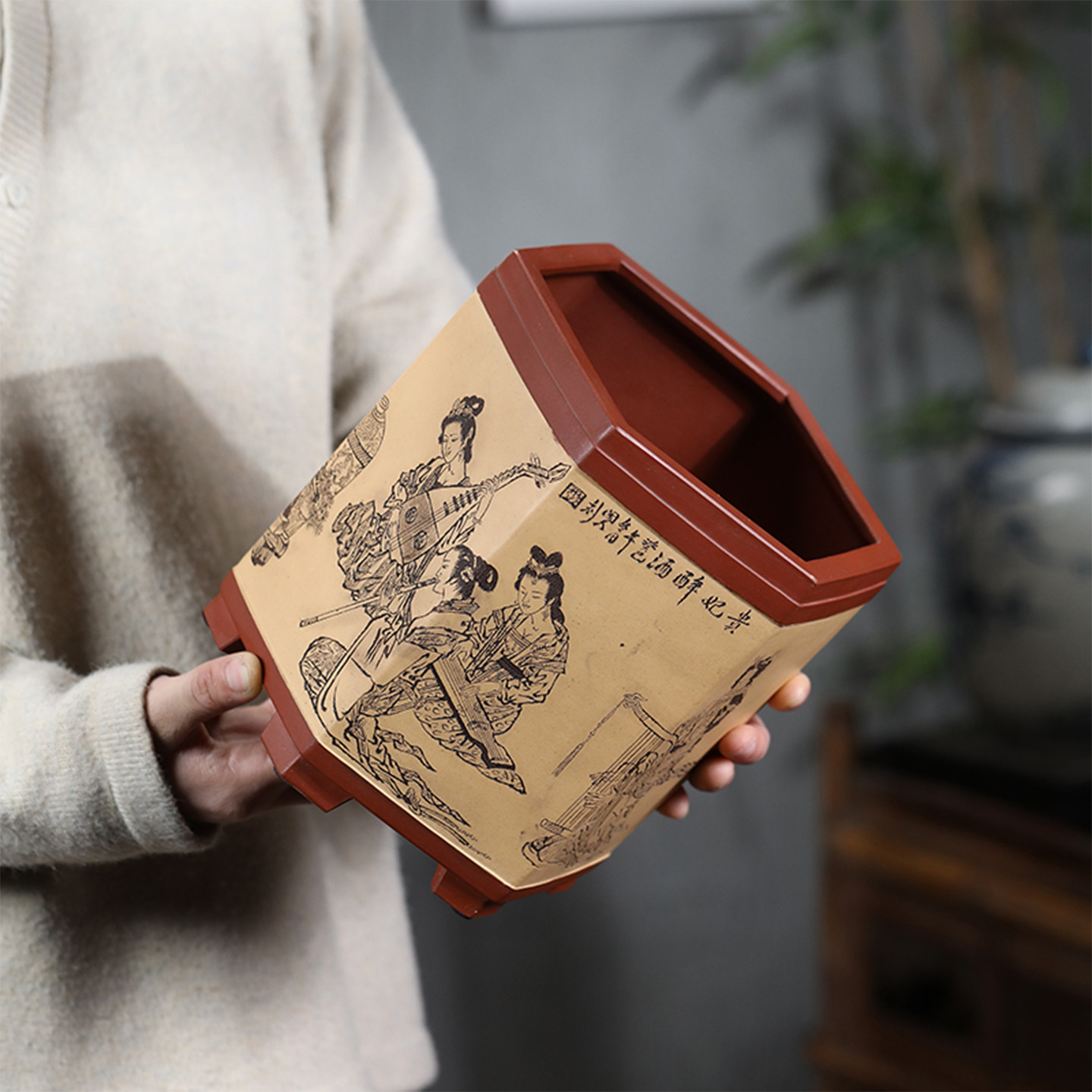 尚扣紫砂王明莉全手工贵妃醉酒六方花盆双色古典精品花器原矿花盆
