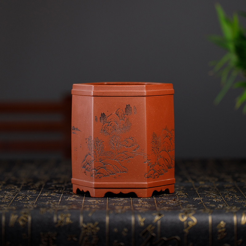 尚扣紫砂 周向红全手工 精刻溪山图六方小型花盆 桌面摆件菖蒲盆