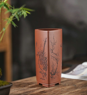 尚扣雅奢紫砂 许成安全手工三角签筒 悬崖小盆景赏玩桌面花器笔筒