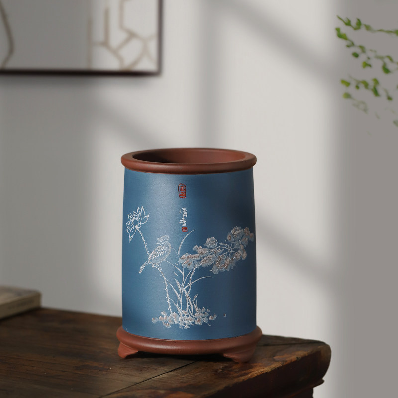 尚扣紫砂宜兴李超手工绿云翠盖达摩花盆 桌面中式古典案头紫砂盆