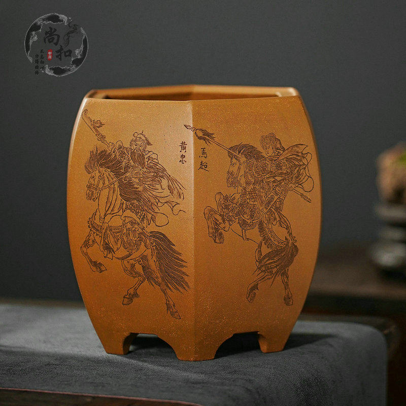 尚扣紫砂 石痕全手工段泥鼓型六方精致刻绘五虎将 艺术摆件花器