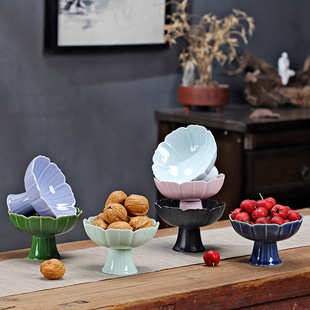 复古日式陶瓷高足高脚盘中式点心盘茶点盘干果盘托盘礼佛供佛果盘