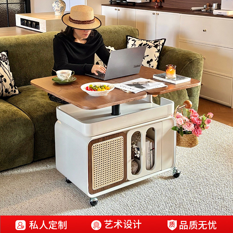 中古风实木边几可移动储物柜带轮角几客厅多功能小茶几