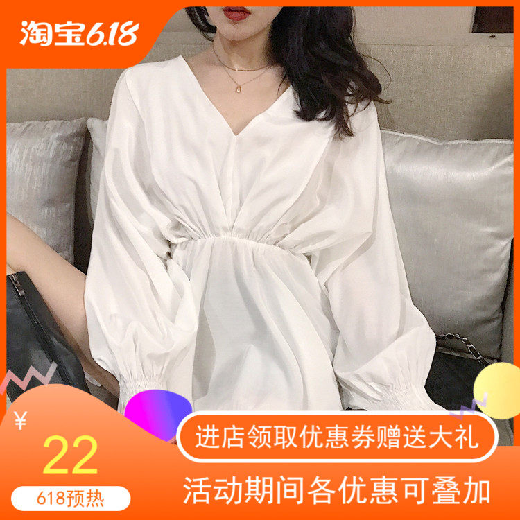 2019 Spring new pattern V-neck Sleeve of bat Waist Show thin Lotus leaf shirt jacket Easyin the Women's clothing/Boutique , Shirt  category - from Buy2taobao.com to provide professional Taobao agent buy service