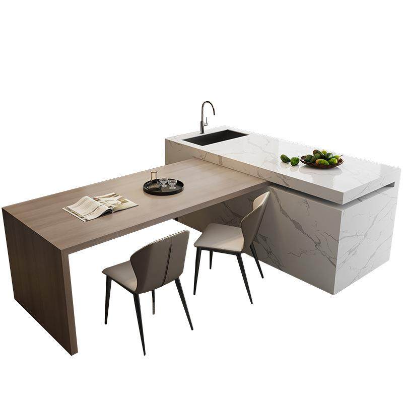 开放式厨房中岛台餐桌一体可伸缩移动旋转岩板导倒台家用西厨吧台