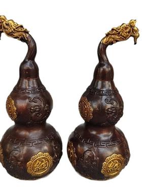 仿古铜器收藏鎏金龙头葫芦一对居家装饰桌面摆件