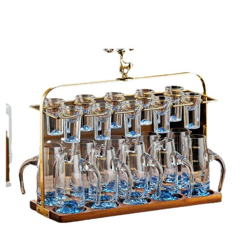 白酒杯分酒器套装金箔蓝山水晶分酒壶家用白酒酒具礼盒